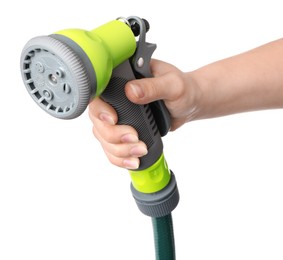 Photo of Woman holding watering hose with sprinkler on white background, closeup