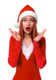 Emotional young woman in red dress and Santa hat on white background. Christmas celebration