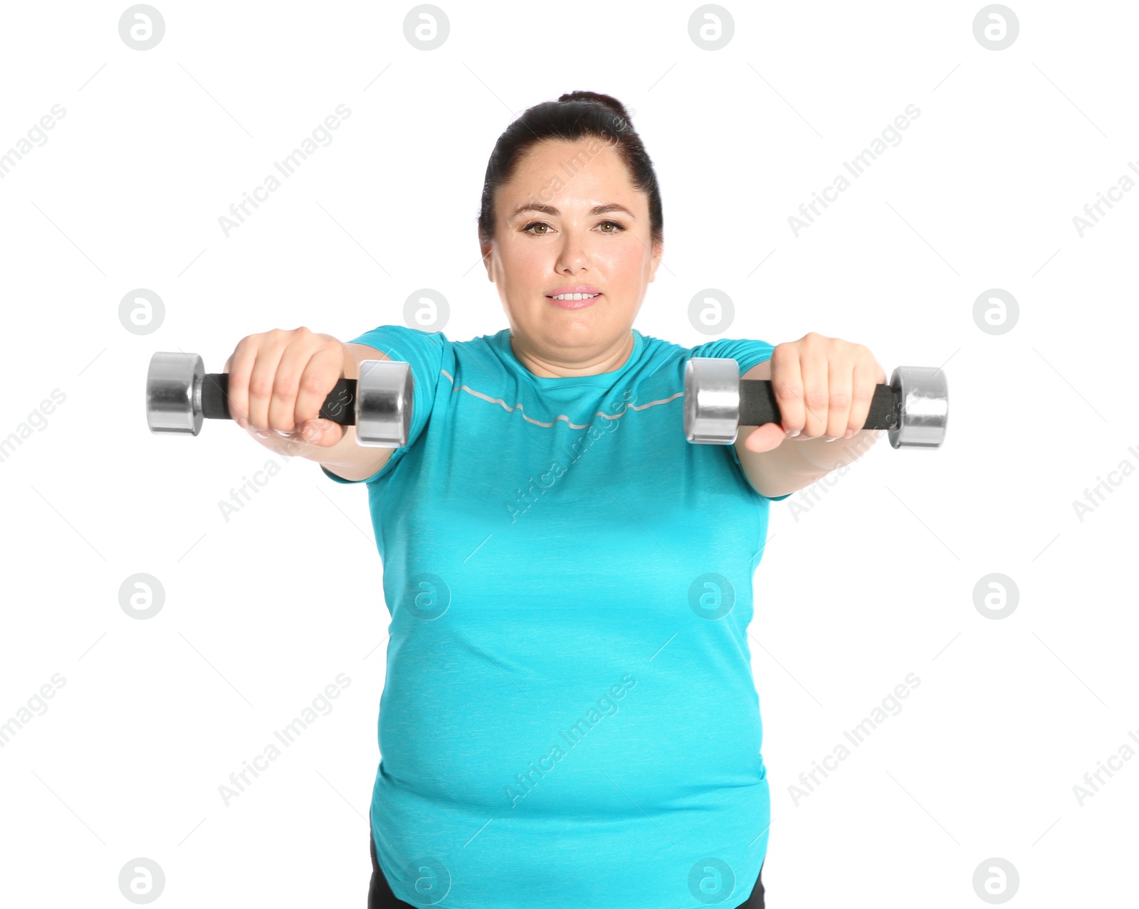 Photo of Overweight woman doing exercise with dumbbells on white background