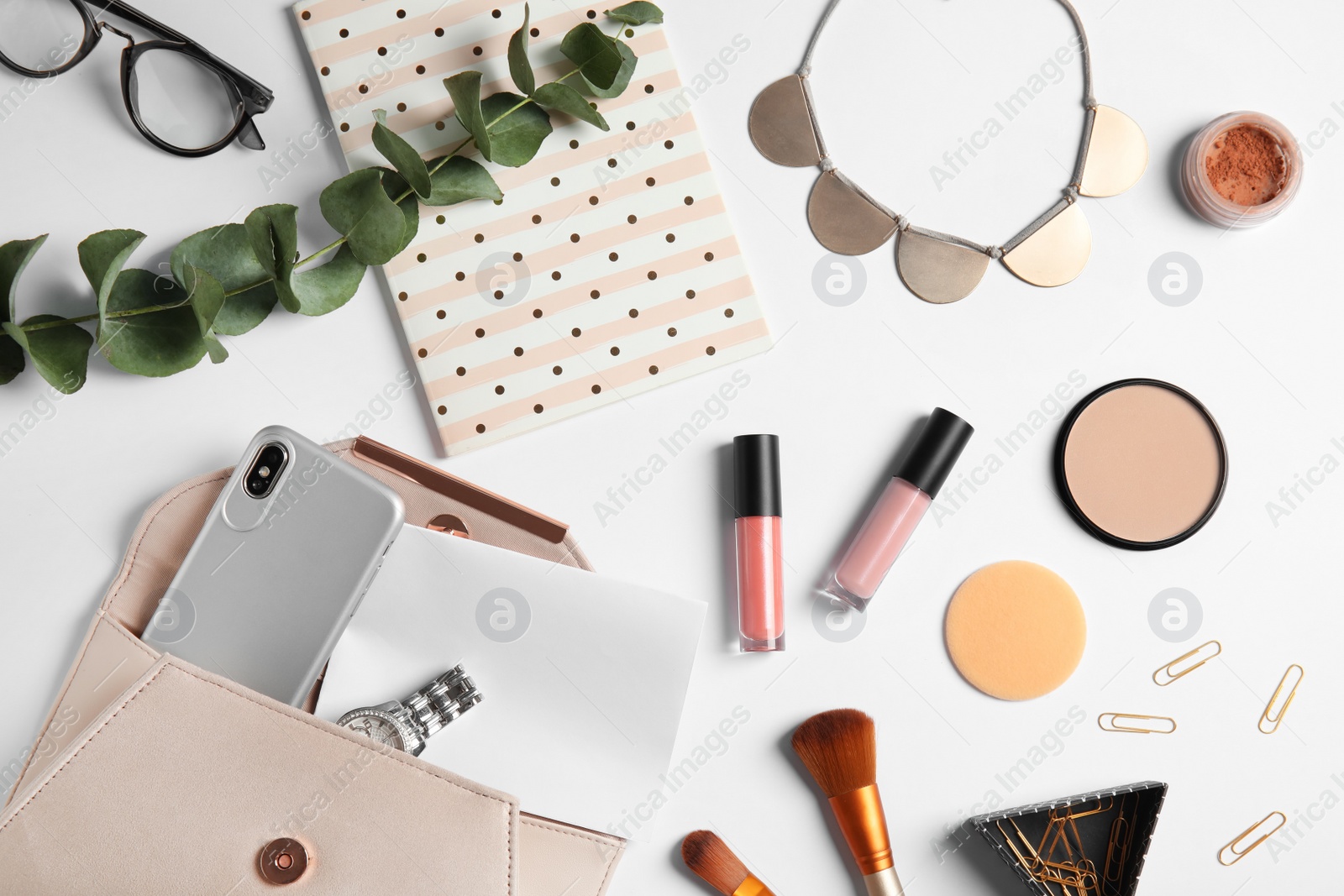 Photo of Flat lay composition with female accessories on white background. Beauty blogger