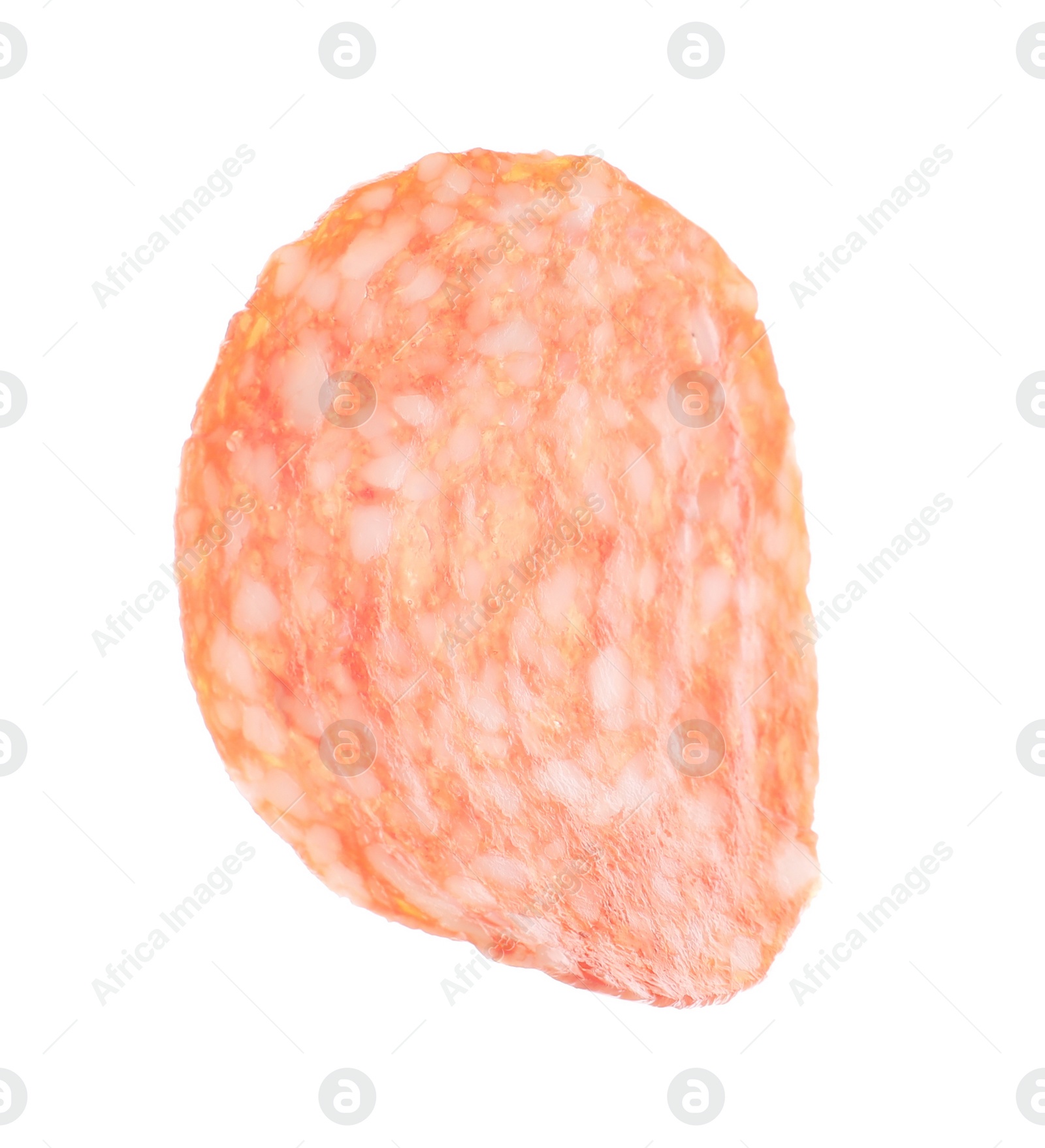 Photo of Slice of delicious sausage isolated on white