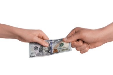 Money exchange. Man giving dollar banknote to woman on white background, closeup