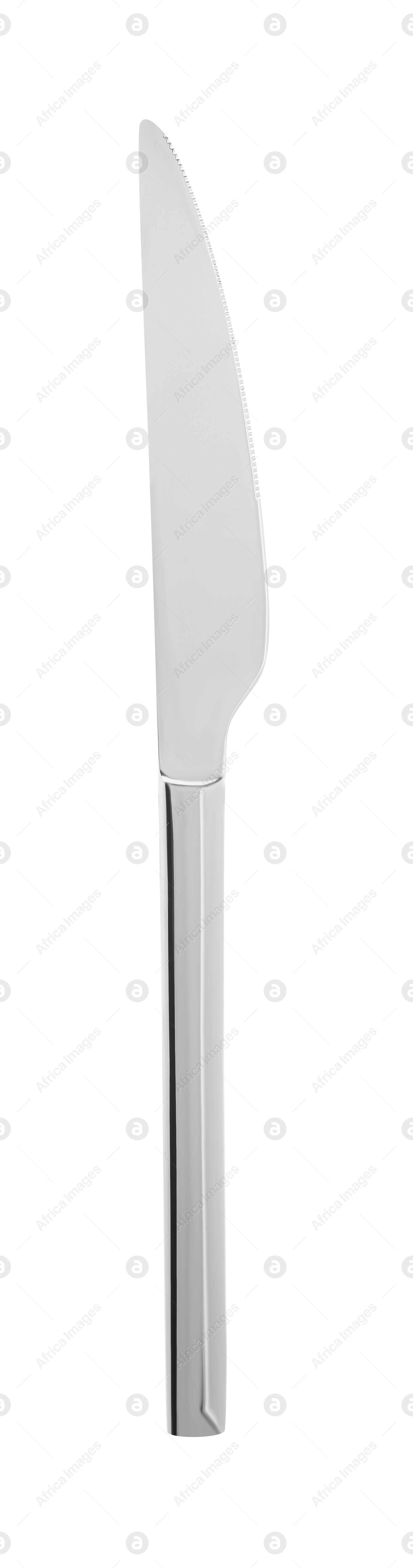 Photo of One new shiny knife isolated on white, top view