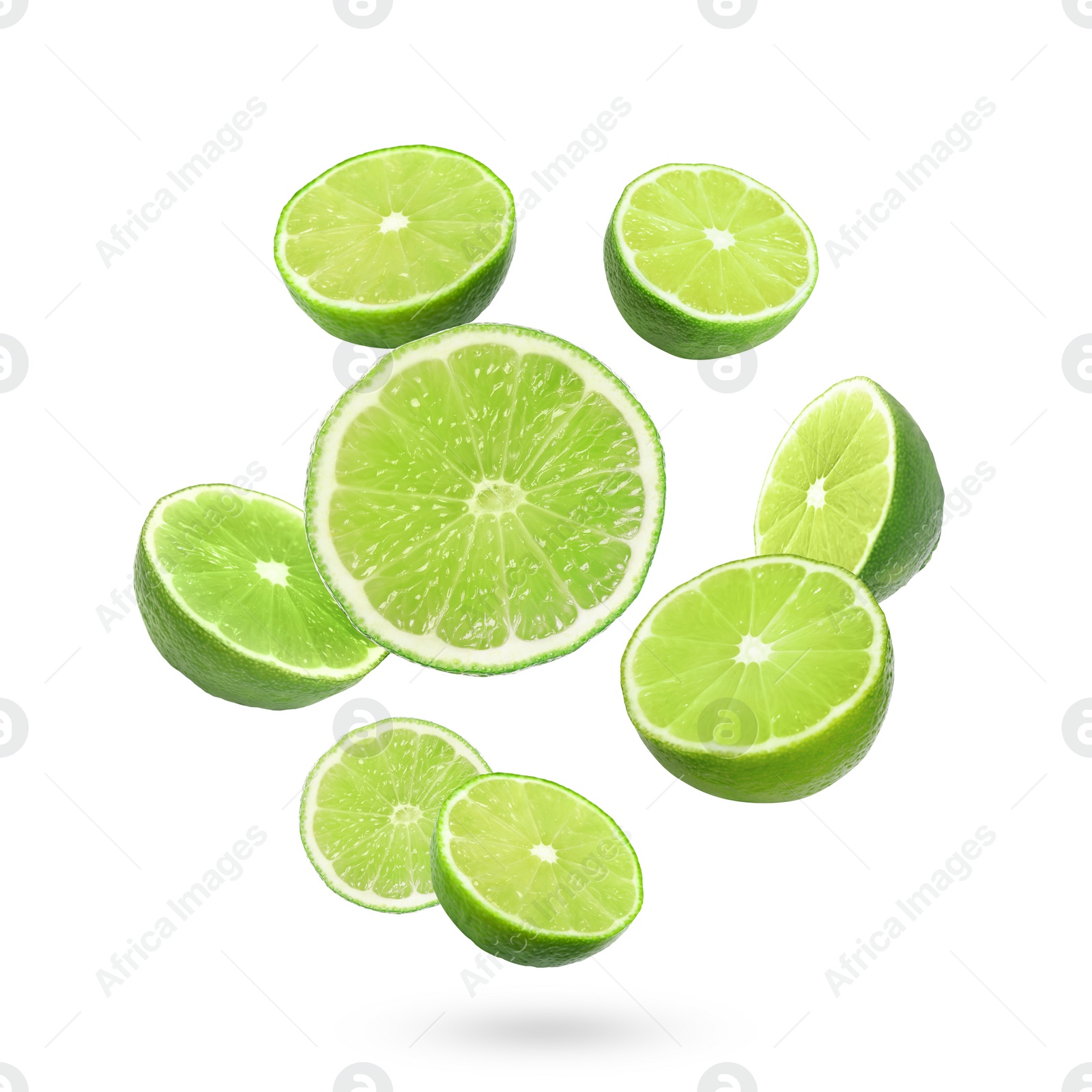 Image of Fresh lime fruits falling on white background