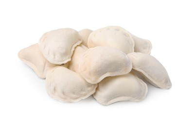 Photo of Raw dumplings (varenyky) isolated on white. Ukrainian cuisine