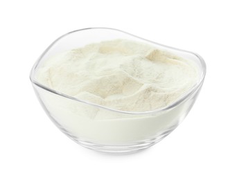 Photo of Bowl of agar-agar powder isolated on white