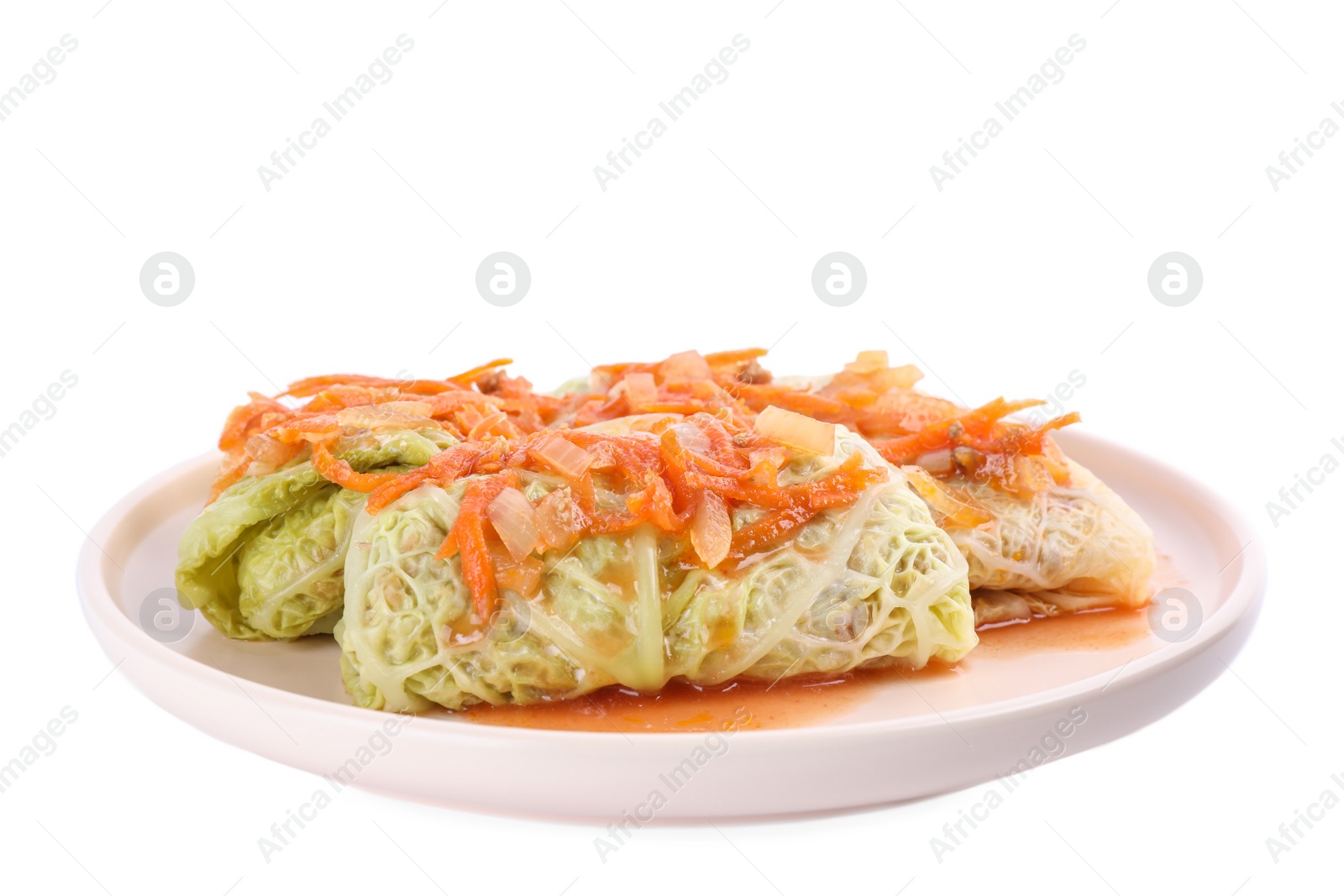 Photo of Plate with delicious cabbage rolls isolated on white