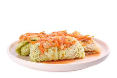 Photo of Plate with delicious cabbage rolls isolated on white