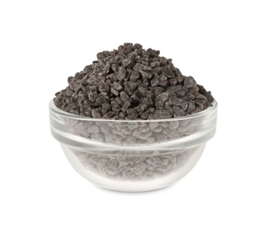 Black salt in glass bowl isolated on white