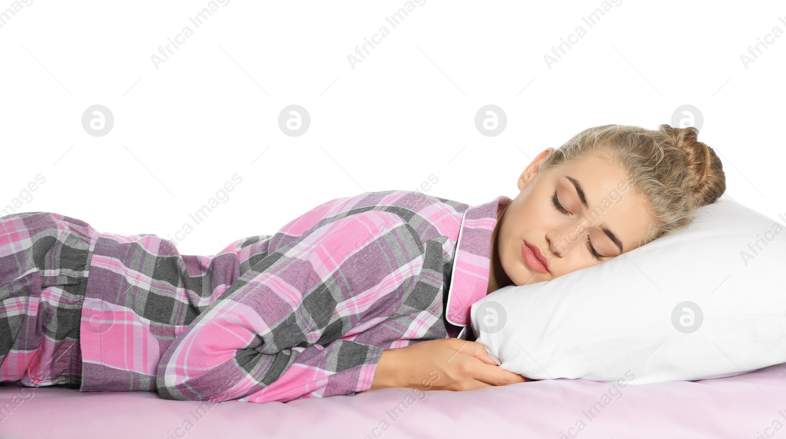 Photo of Beautiful woman sleeping with comfortable pillow on bed against white background