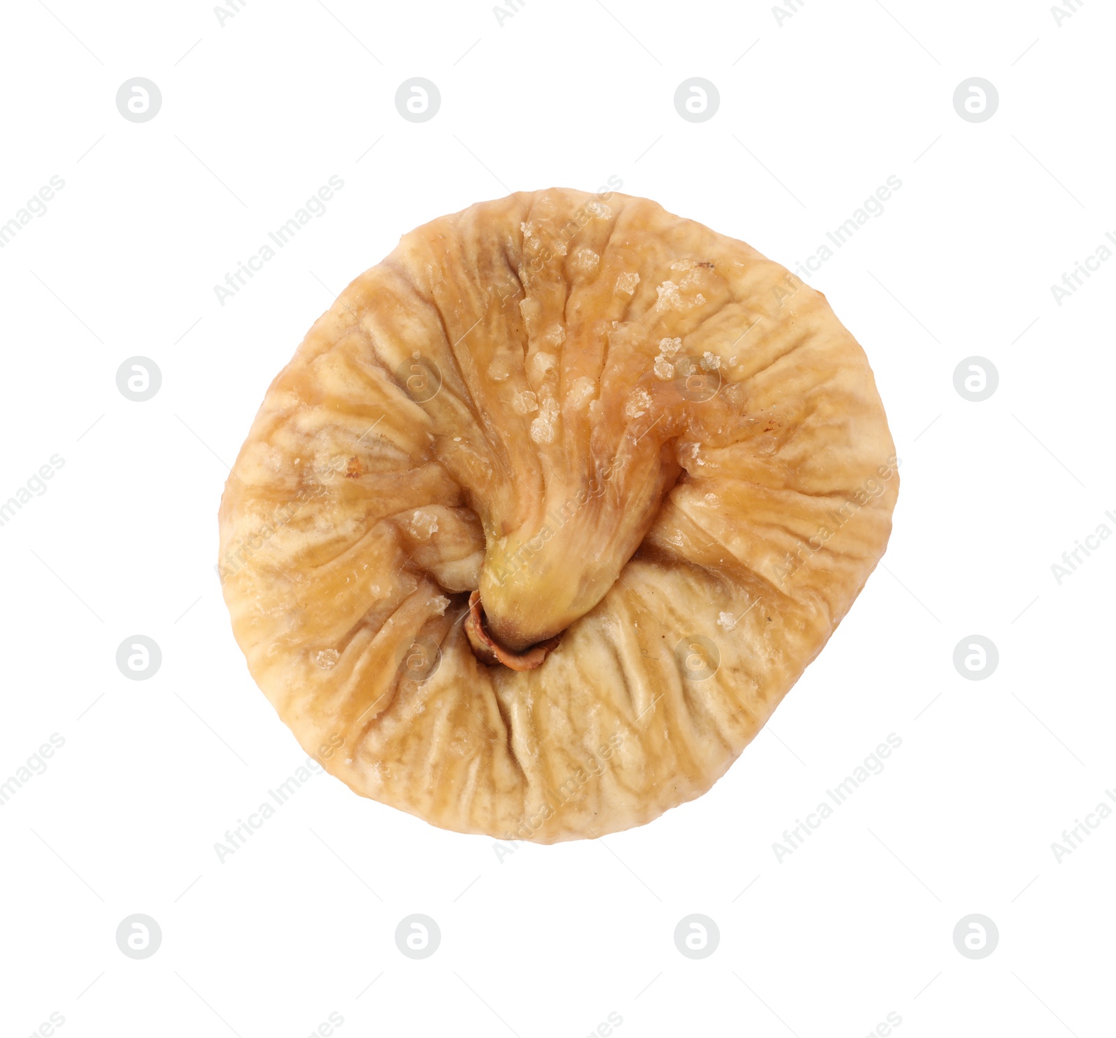 Photo of One tasty dried fig isolated on white, top view