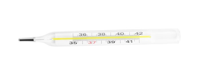 Mercury thermometer on white background, top view