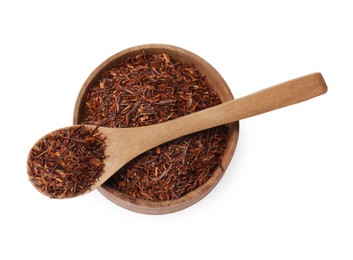 Photo of Rooibos tea in bowl and spoon isolated on white, top view