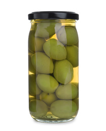 Photo of Glass jar with pickled olives isolated on white