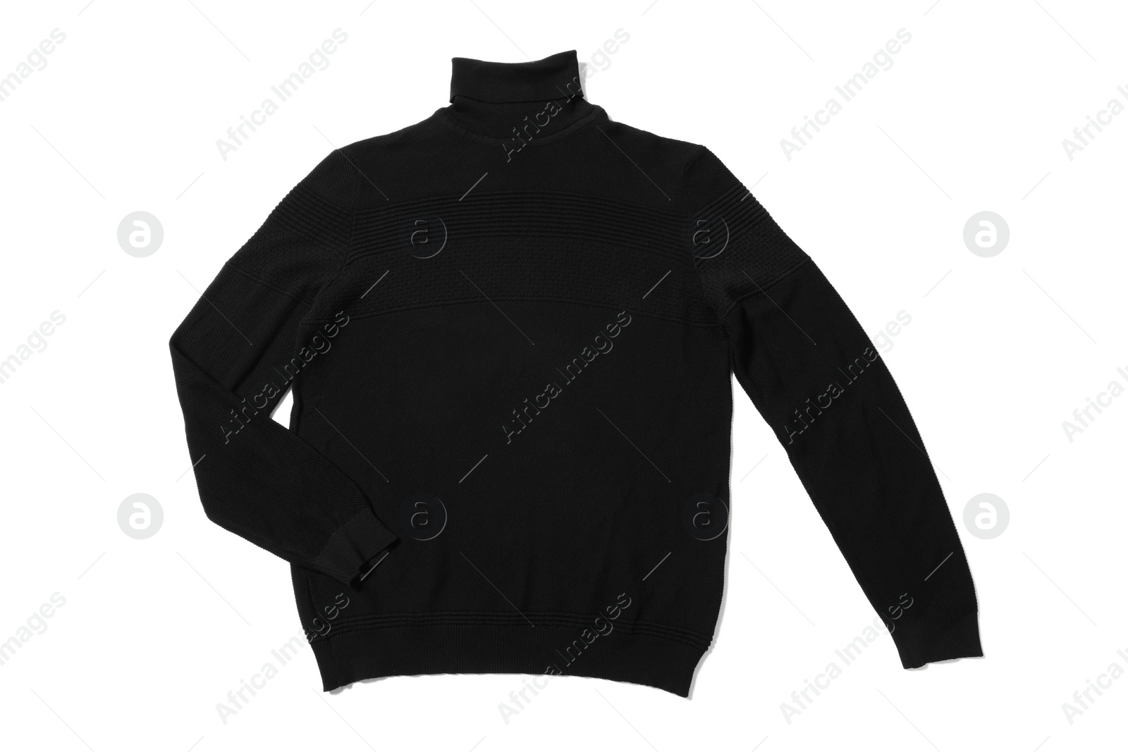 Photo of Stylish black sweater isolated on white, top view