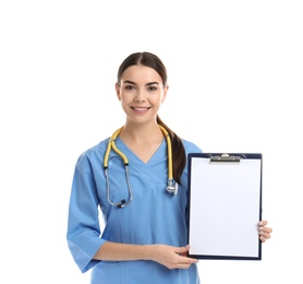 Portrait of medical assistant with stethoscope and clipboard on white background. Space for text