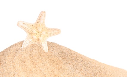 Sand with beautiful sea star isolated on white, space for text
