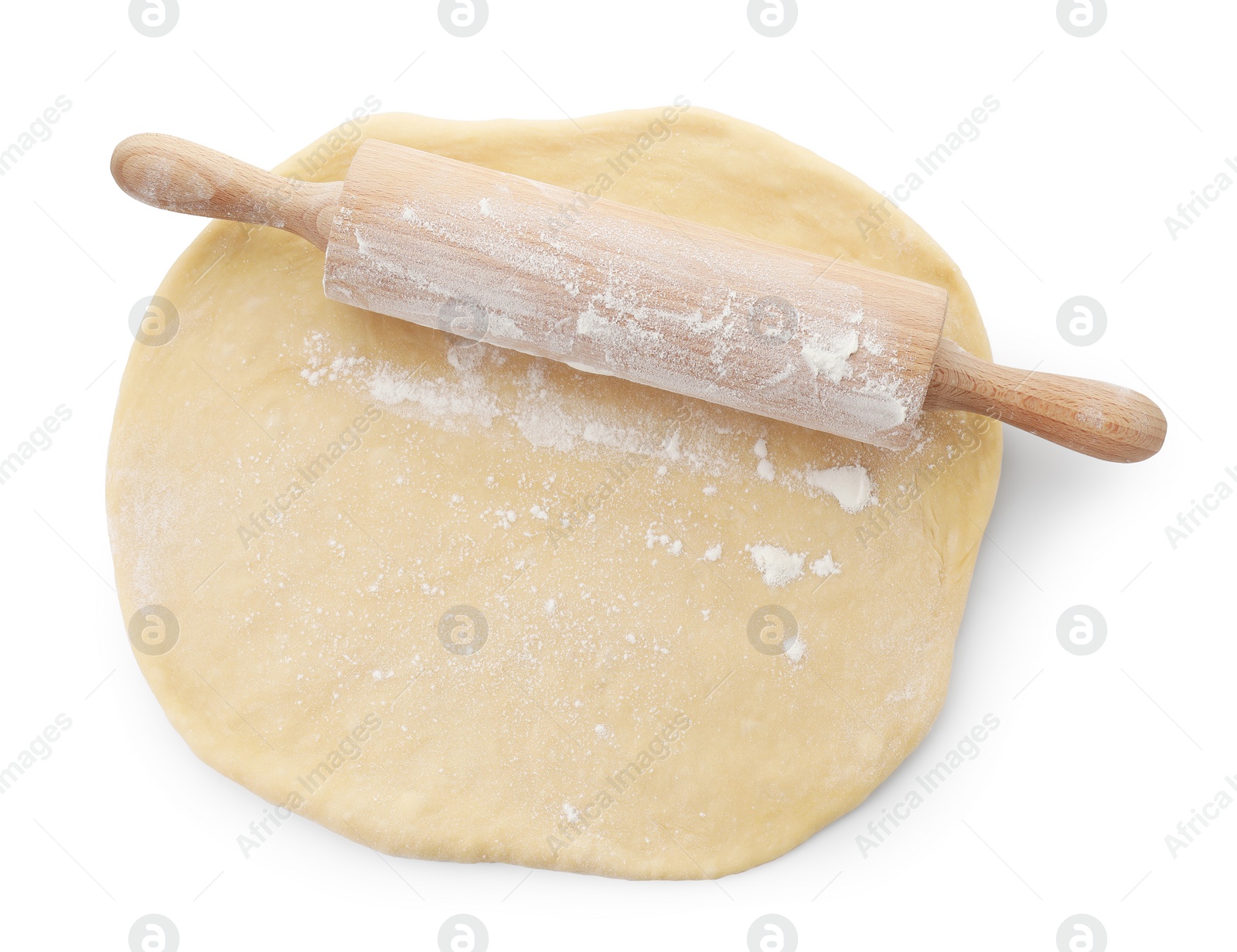 Photo of Raw dough and rolling pin isolated on white, top view