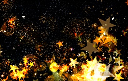 Image of Many beautiful shimmering stars and blurred lights on black background. Bokeh effect