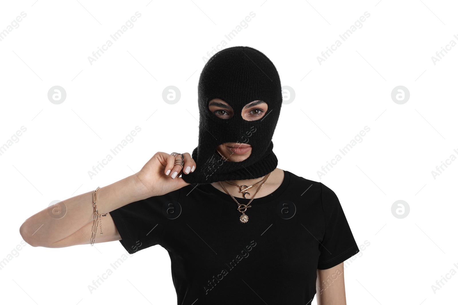 Photo of Woman wearing knitted balaclava on white background