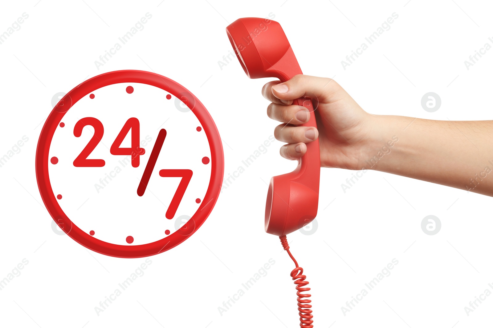 Image of 24/7 hotline service. Woman holding handset on white background, closeup