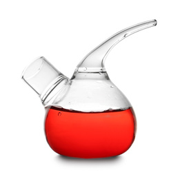 Image of Glass retort flask with red liquid sample isolated on white. Laboratory analysis