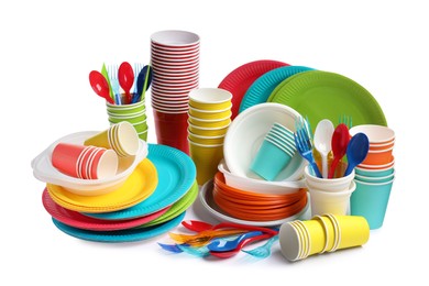 Photo of Set of different disposable tableware on white background