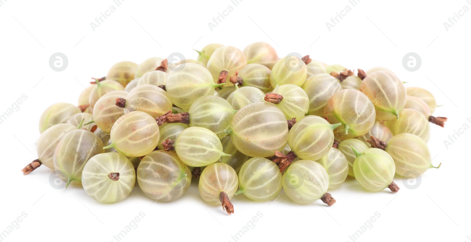 Photo of Pile of fresh ripe gooseberries on white background