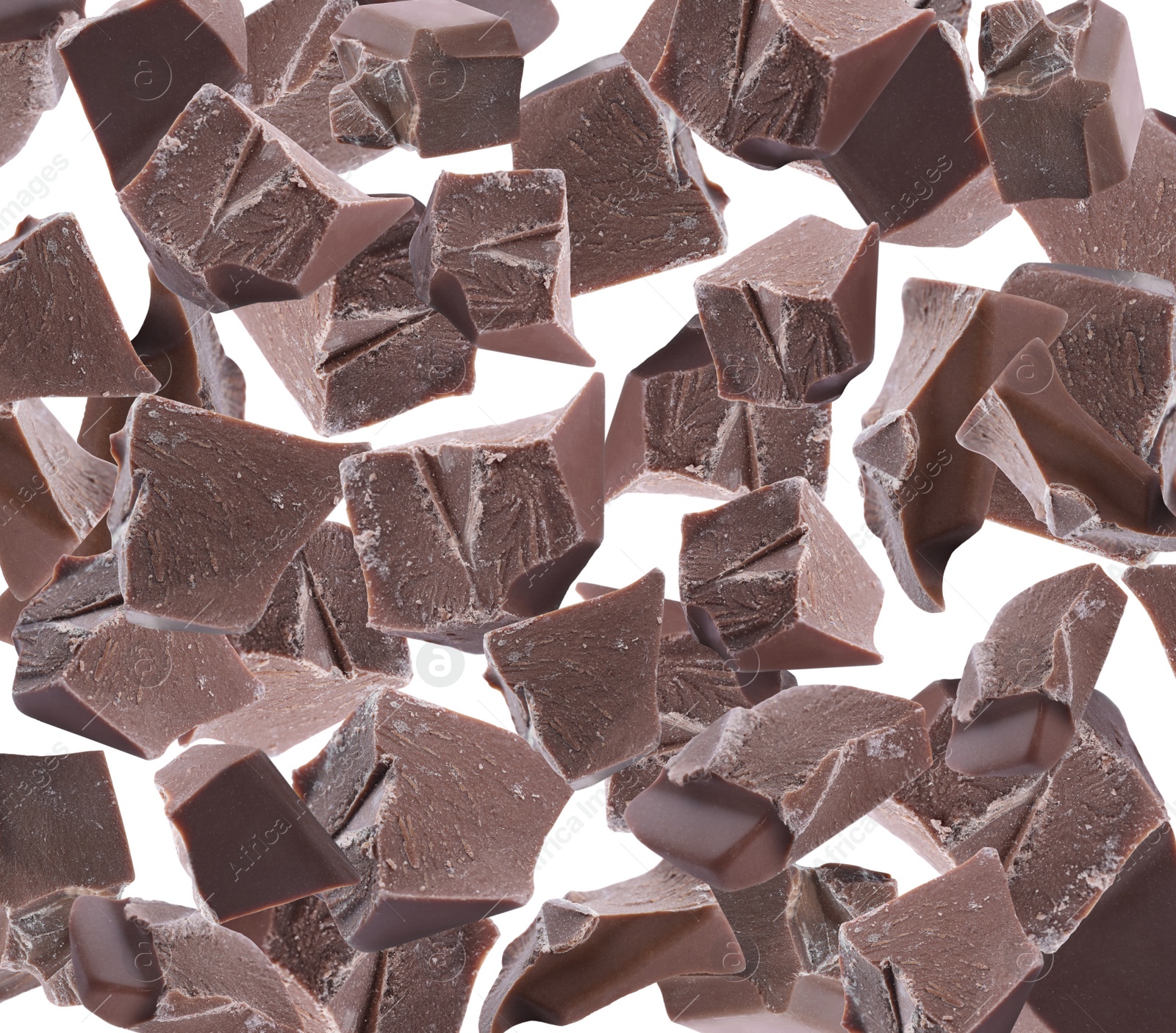 Image of Delicious chocolate chunks falling on white background