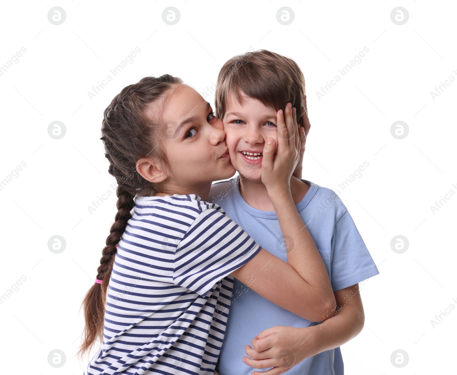 Photo of Happy brother and sister on white background