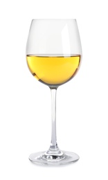 Glass of delicious expensive wine on white background