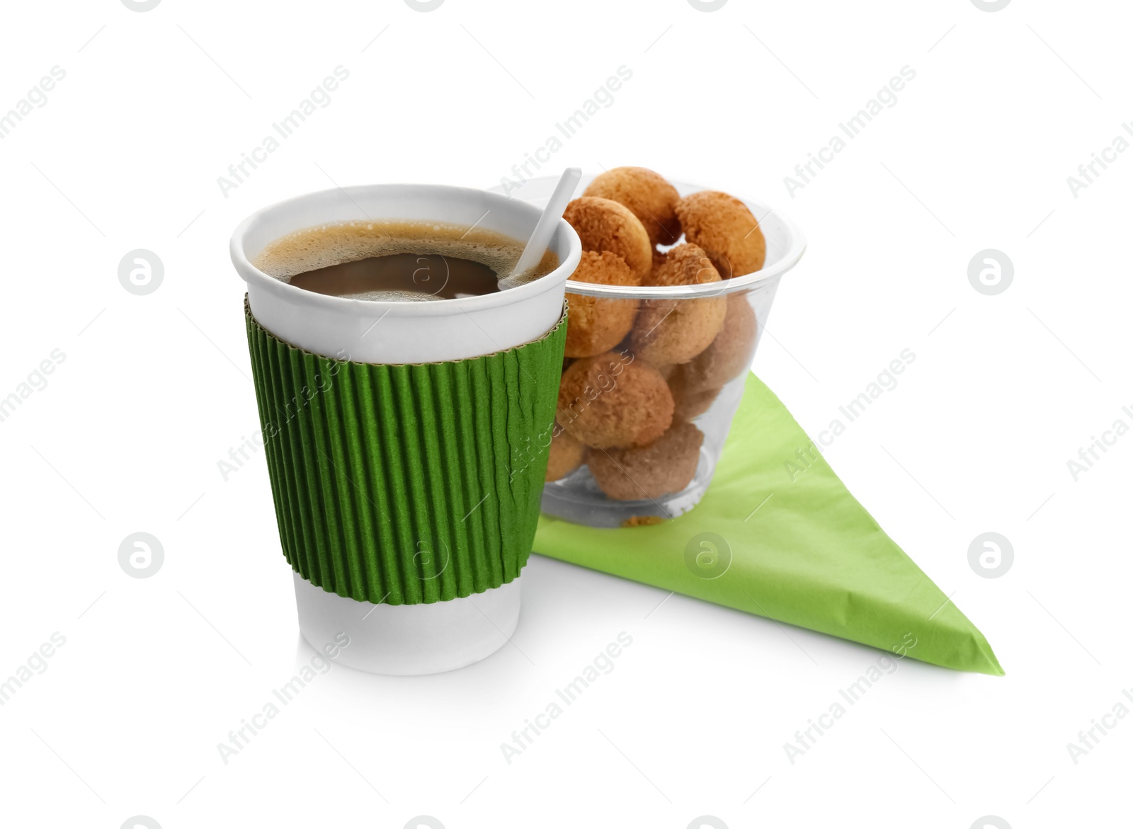 Photo of Aromatic coffee in takeaway paper with cardboard sleeve and tasty cookies on white background