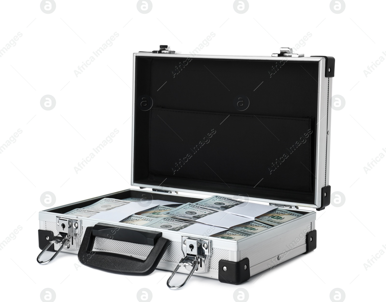 Photo of Open suitcase full of money on white background