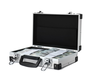 Open suitcase full of money on white background