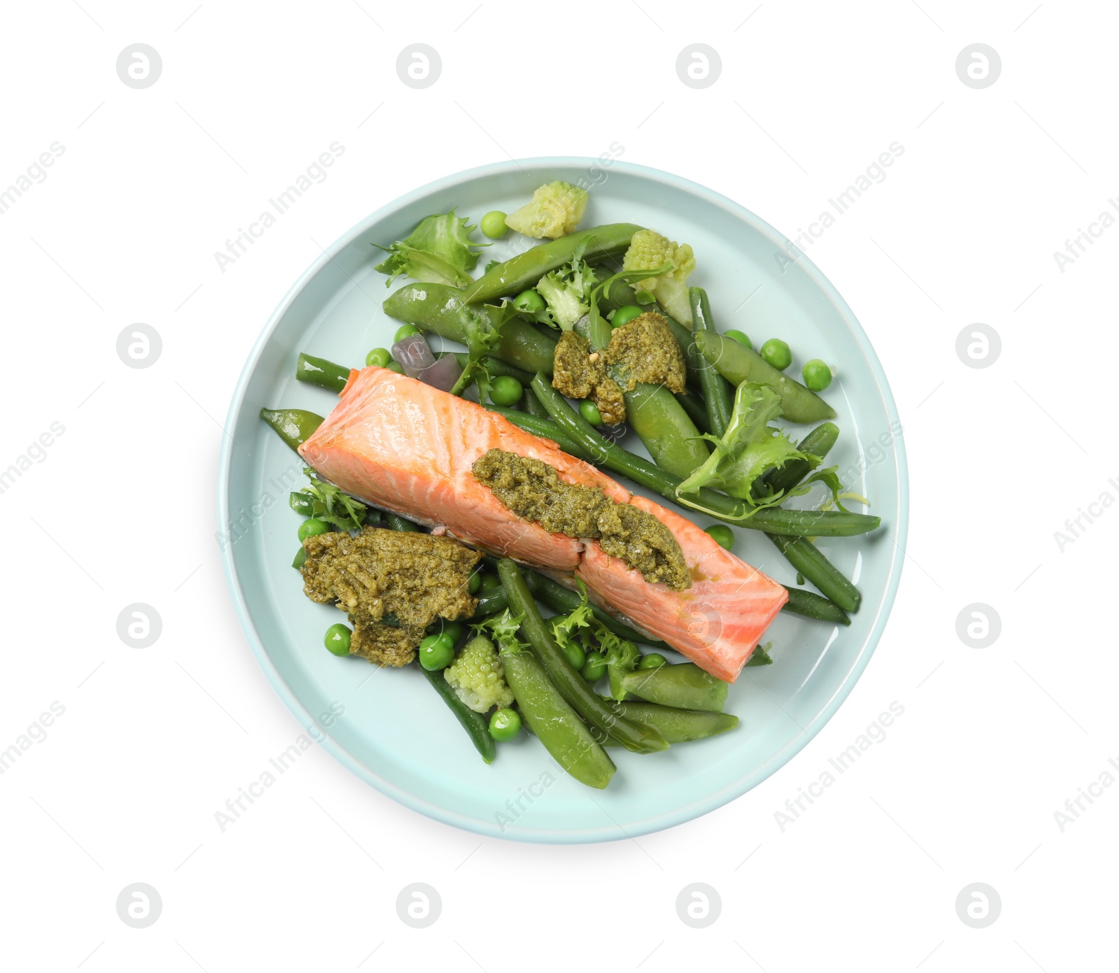 Photo of Tasty cooked salmon with pesto sauce and fresh salad on white background, top view