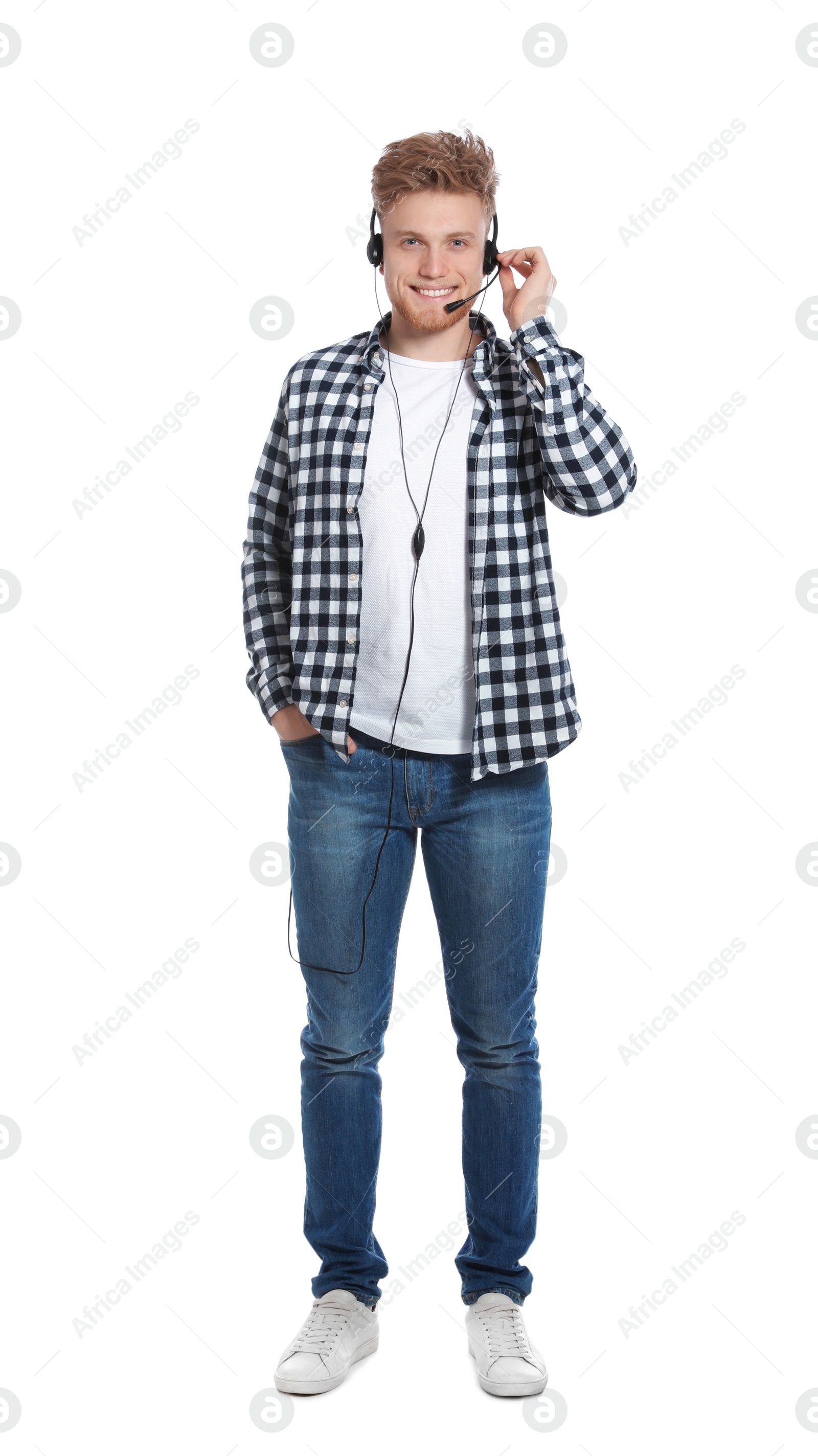 Photo of Technical support operator with headset on white background