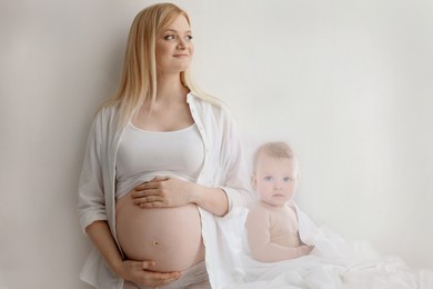 Double exposure of pregnant woman and cute baby on light background