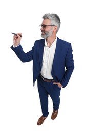 Mature businessman with marker on white background, above view