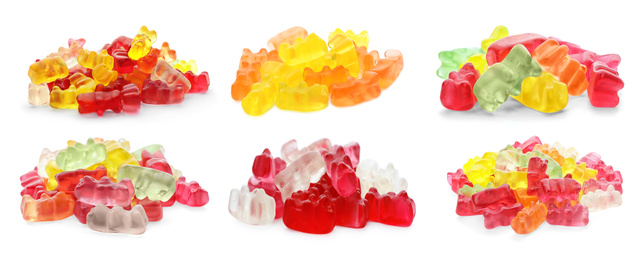 Image of Set with delicious jelly bears on white background. Banner design