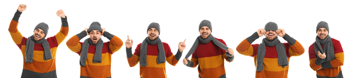 Image of Collage with photos of young man wearing warm clothes on white background, banner design. Winter vacation
