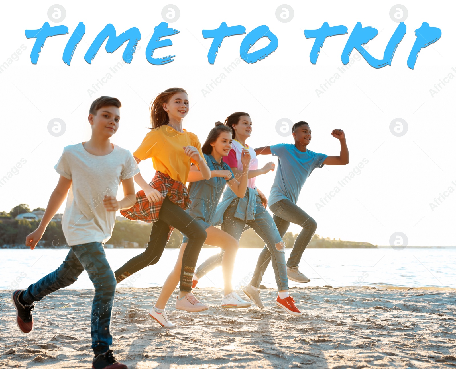 Image of Group of children running on beach. Time to trip