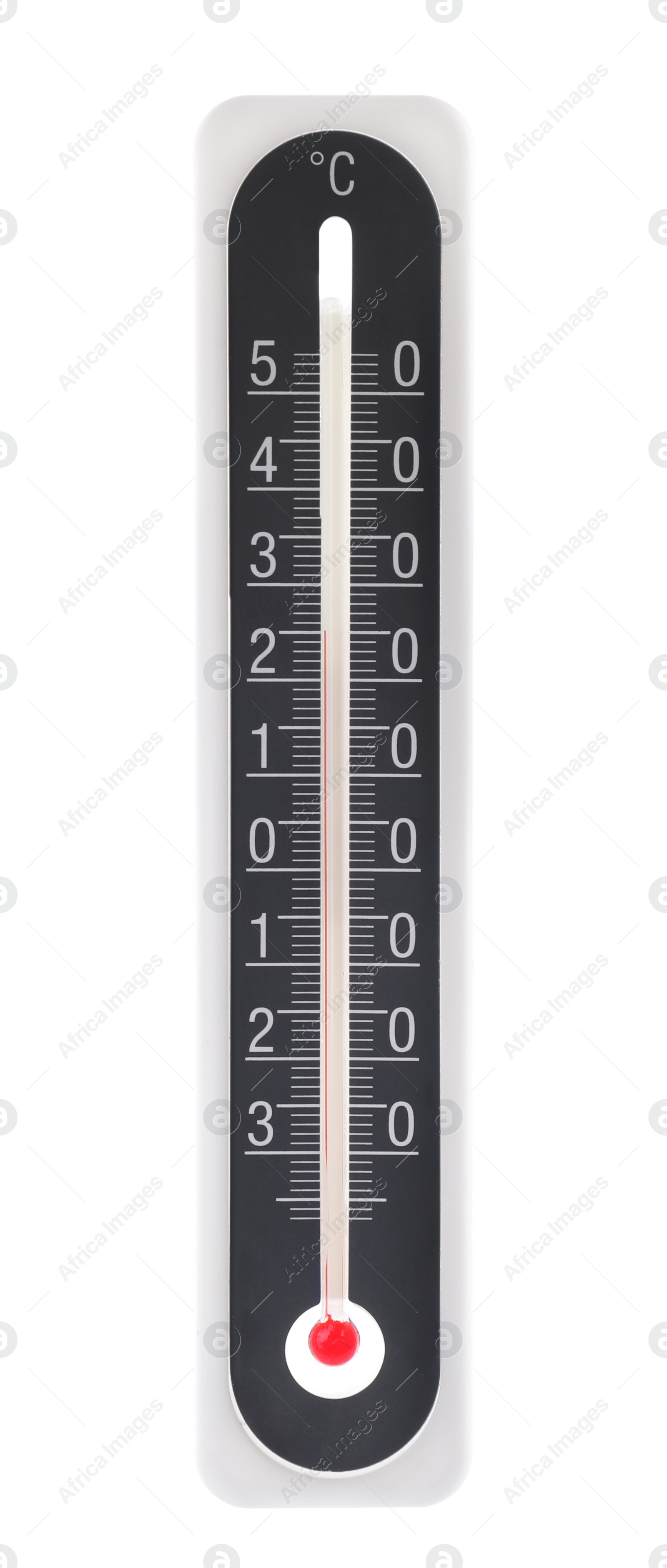 Photo of Modern black weather thermometer on white background
