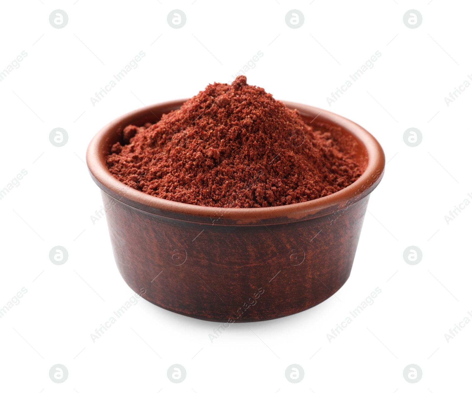 Photo of Cranberry powder in bowl isolated on white