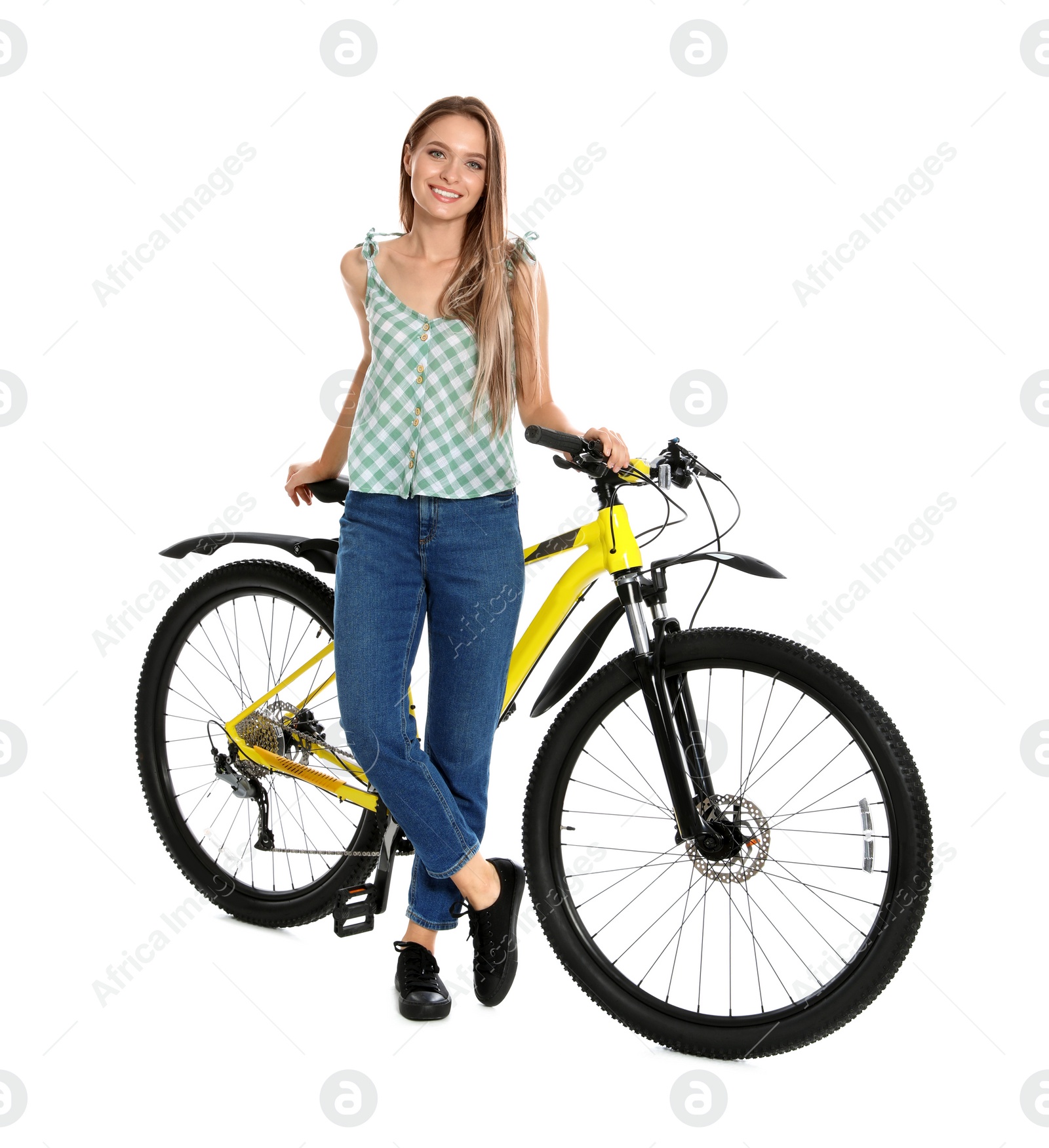 Photo of Happy young woman with bicycle on white background