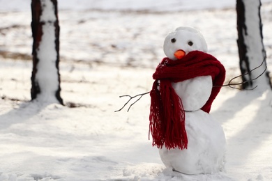 Photo of Funny snowman with scarf in winter forest. Space for text