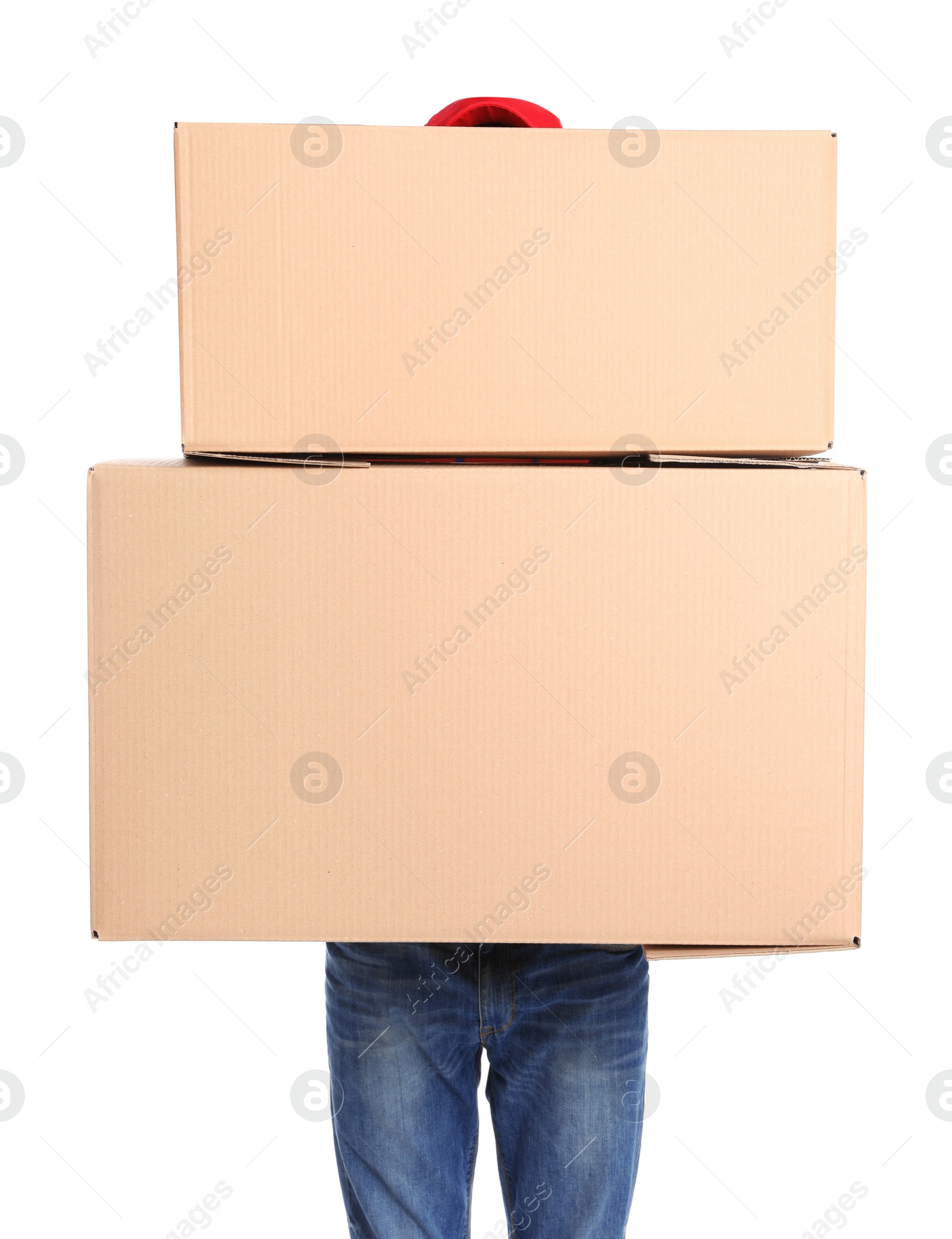 Photo of Courier with cardboard boxes on white background