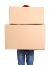 Courier with cardboard boxes on white background