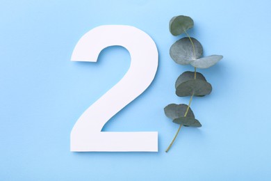 Photo of Paper number 2 and eucalyptus branch on light blue background, top view