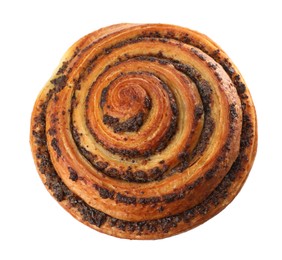 Photo of Freshly baked spiral pastry isolated on white, top view