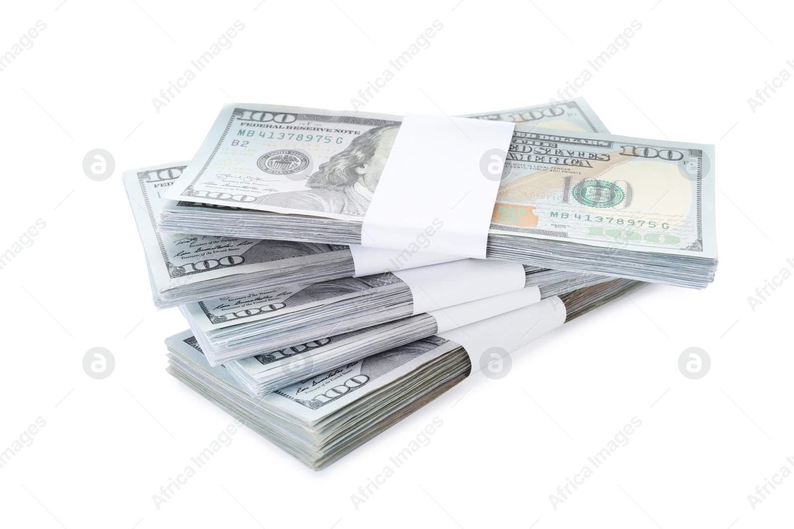 Photo of Bundles of dollar banknotes on white background. American national currency